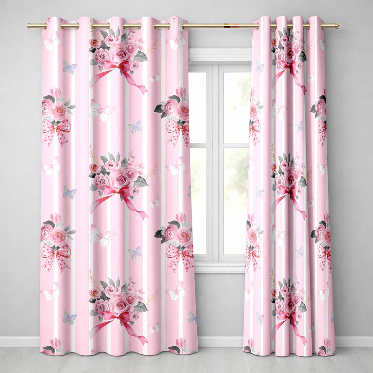 Cute Watercolor Roses Bouquet with Red Ribbon White Stripe on Pink Background Readymade Eyelet Ring Top Thermal 100% Blackout Curtains