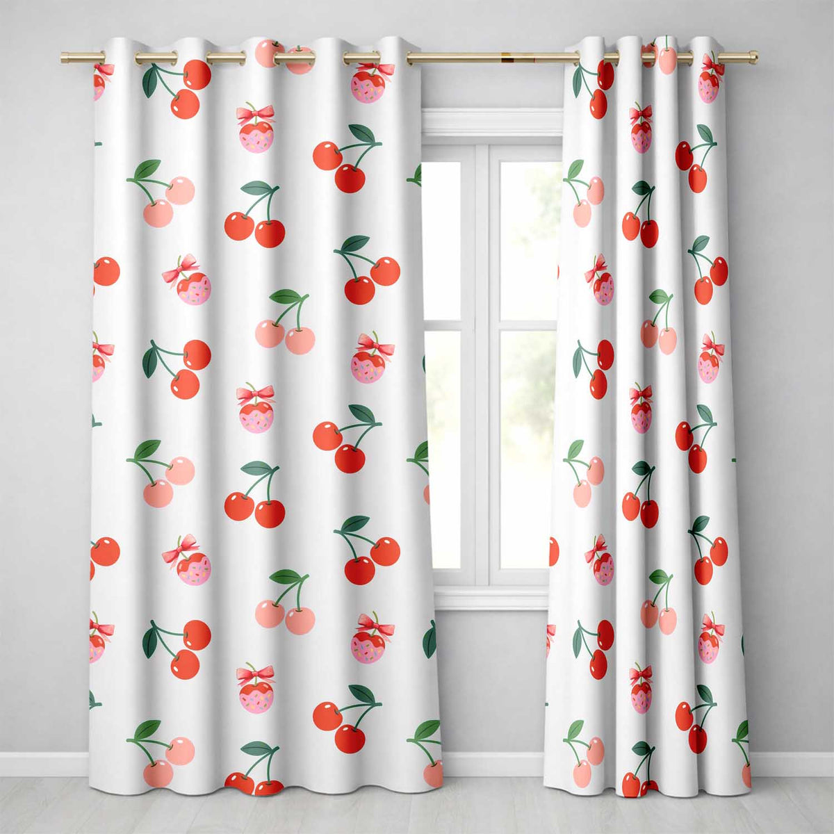 Cute Cherry Fruit with Bow and Sprinkles Seamless Pattern Grey Background Readymade Eyelet Ring Top Thermal 100% Blackout Curtains