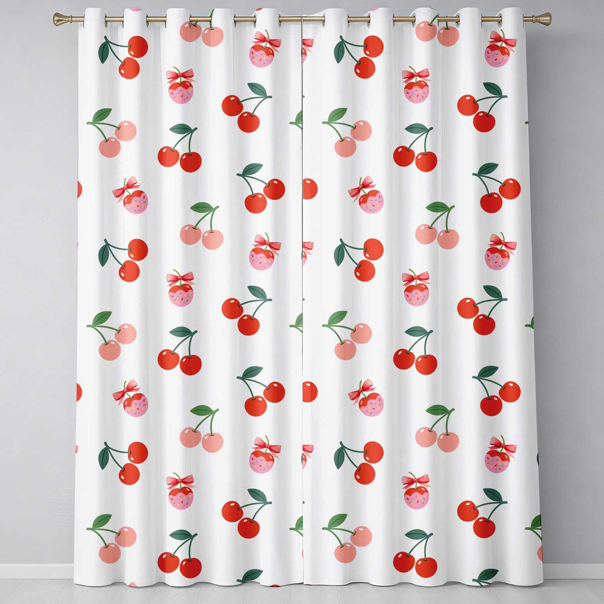 Cute Cherry Fruit with Bow and Sprinkles Seamless Pattern Soft Beige Background Readymade Eyelet Ring Top Thermal 100% Blackout Curtains