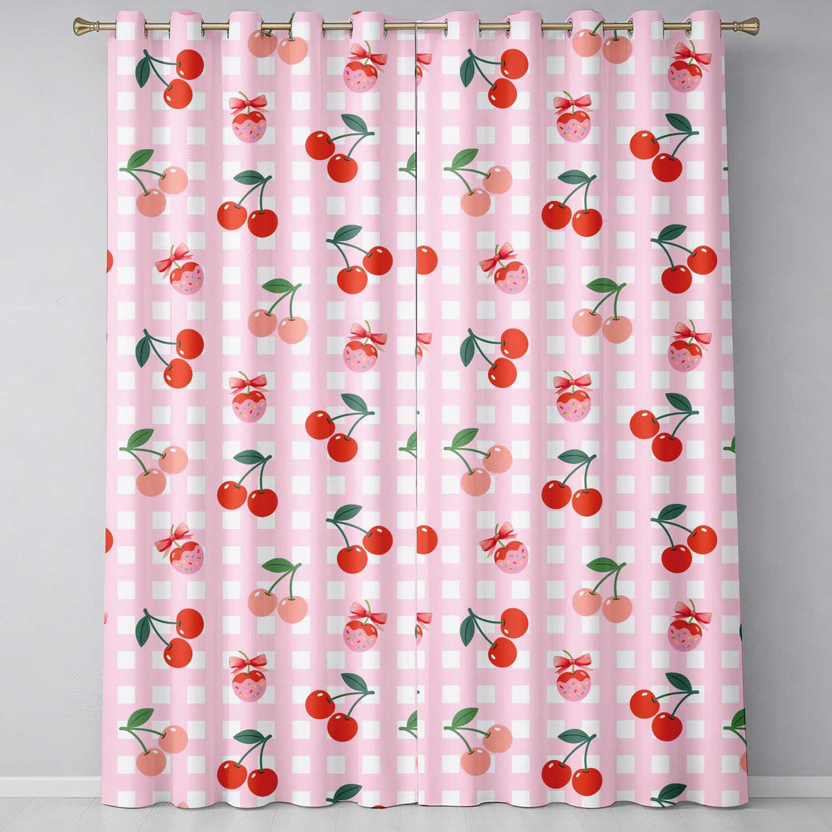 Cute Cherry Fruit with Bow and Sprinkles Pattern Pink Gingham Check Background Readymade Eyelet Ring Top Thermal 100% Blackout Curtains