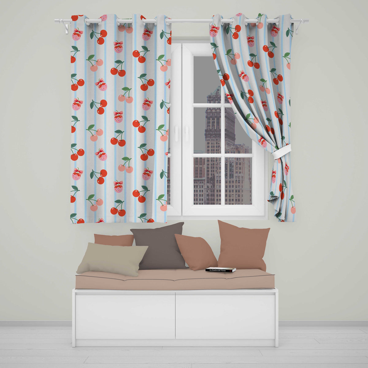 Cute Cherry Fruit with Bow and Sprinkles Pattern Blue Stripe Background Readymade Eyelet Ring Top Thermal 100% Blackout Curtains