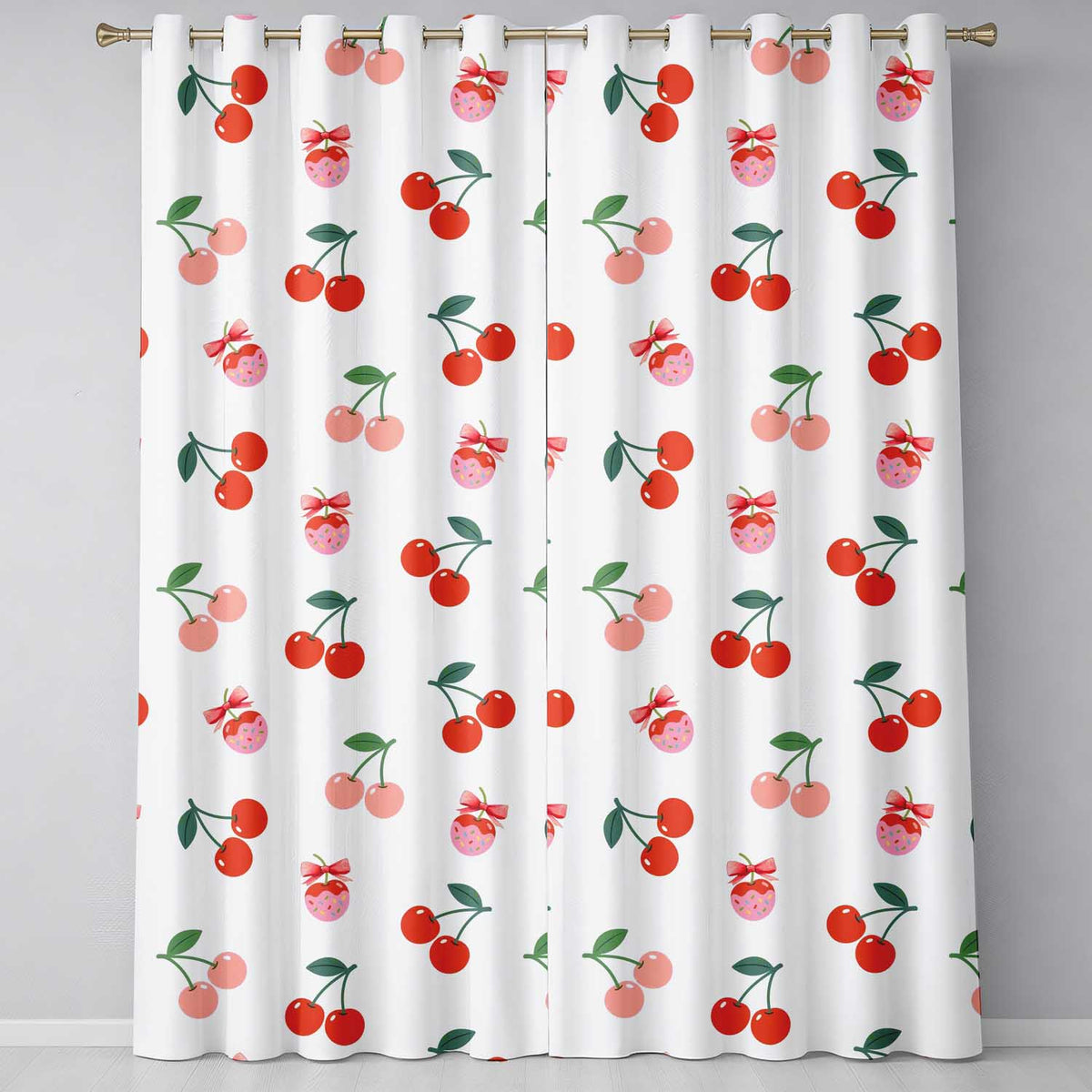 Cute Cherry Fruit with Bow and Sprinkles Seamless Pattern Light Grey Background Readymade Eyelet Ring Top Thermal 100% Blackout Curtains