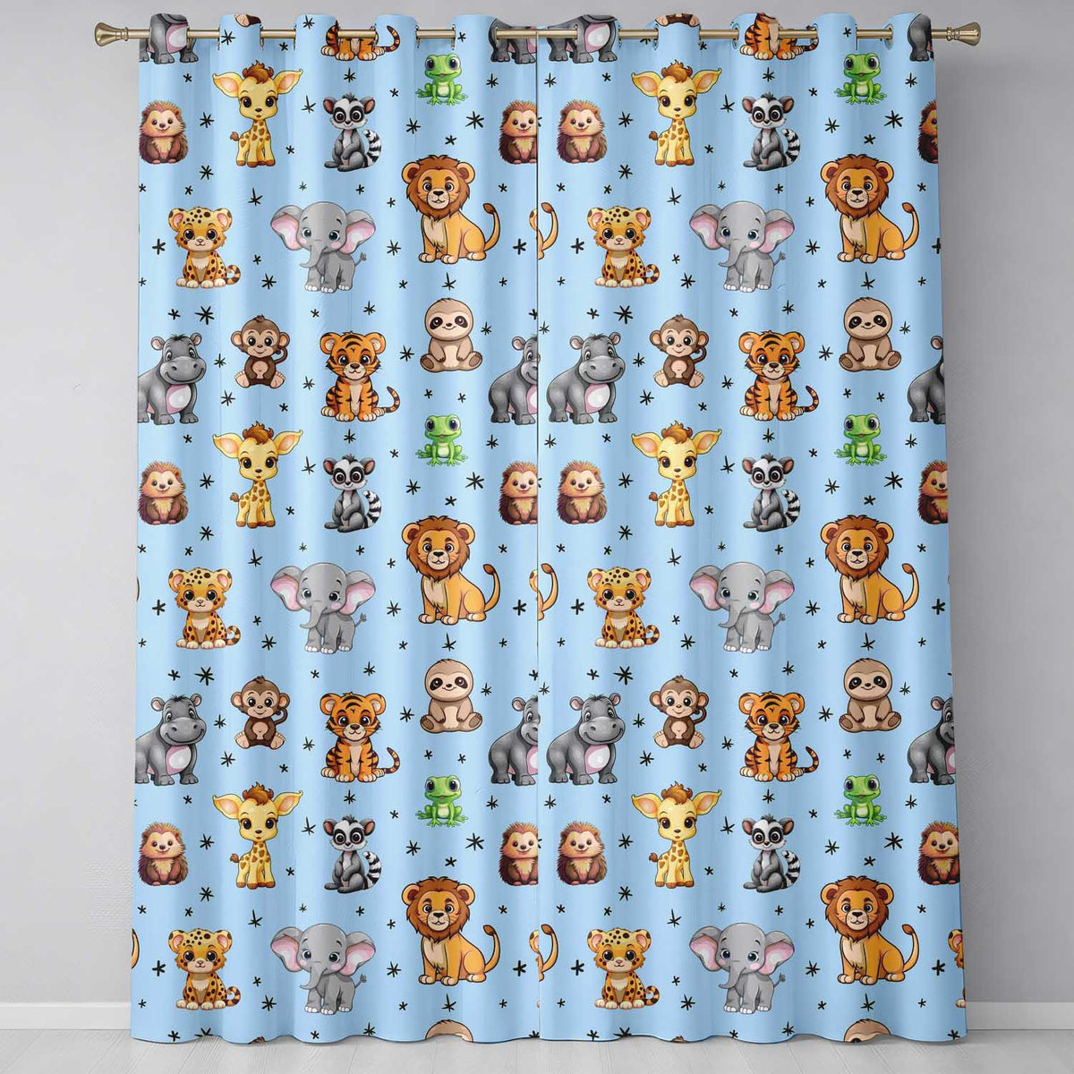 Cute Jungle Baby Animals Lion Tiger Elephant Giraffe Pattern Blue Background Readymade Eyelet Ring Top Thermal 100% Blackout Curtains