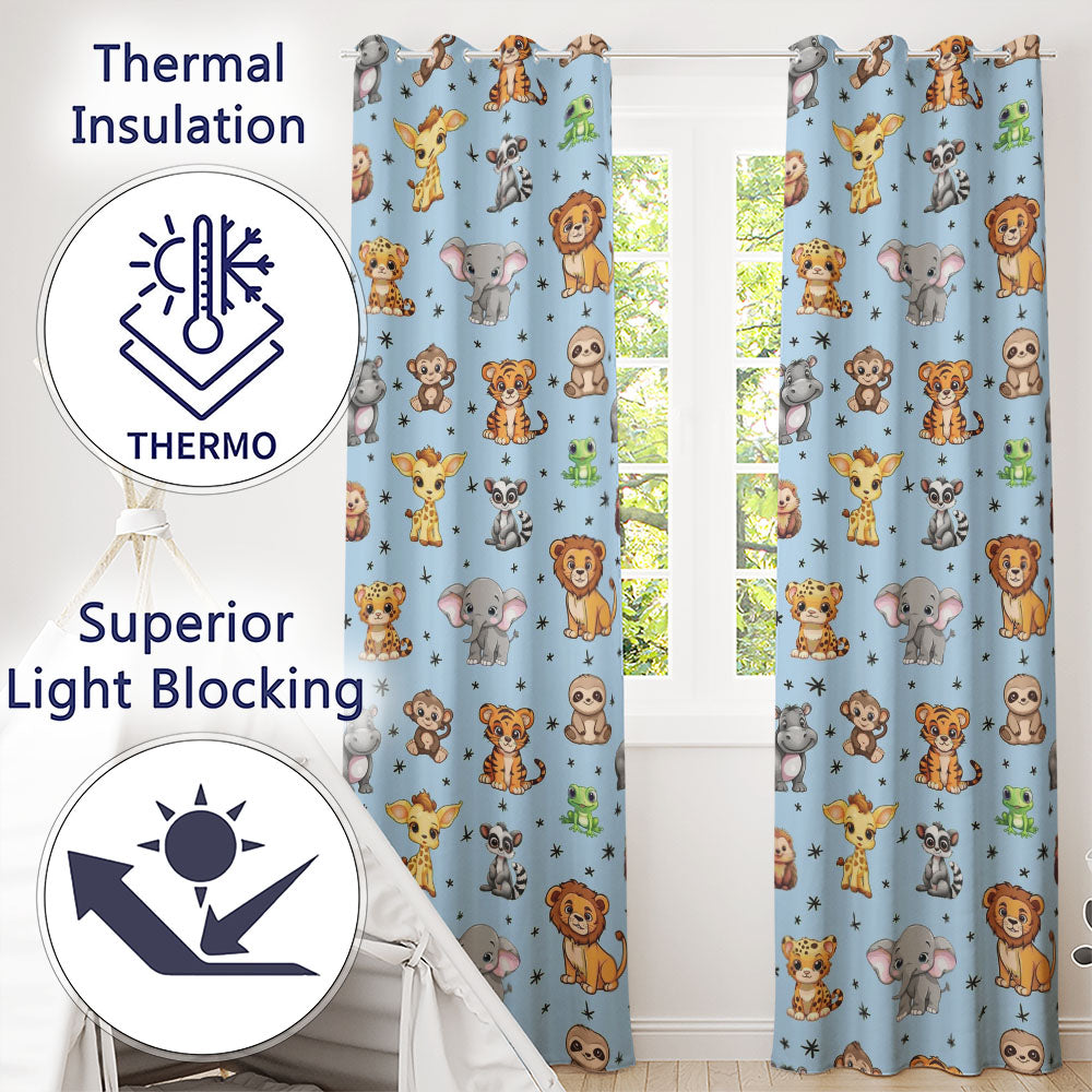 Cute Jungle Baby Animals Lion Tiger Elephant Giraffe Pattern Blue Background Readymade Eyelet Ring Top Thermal 100% Blackout Curtains