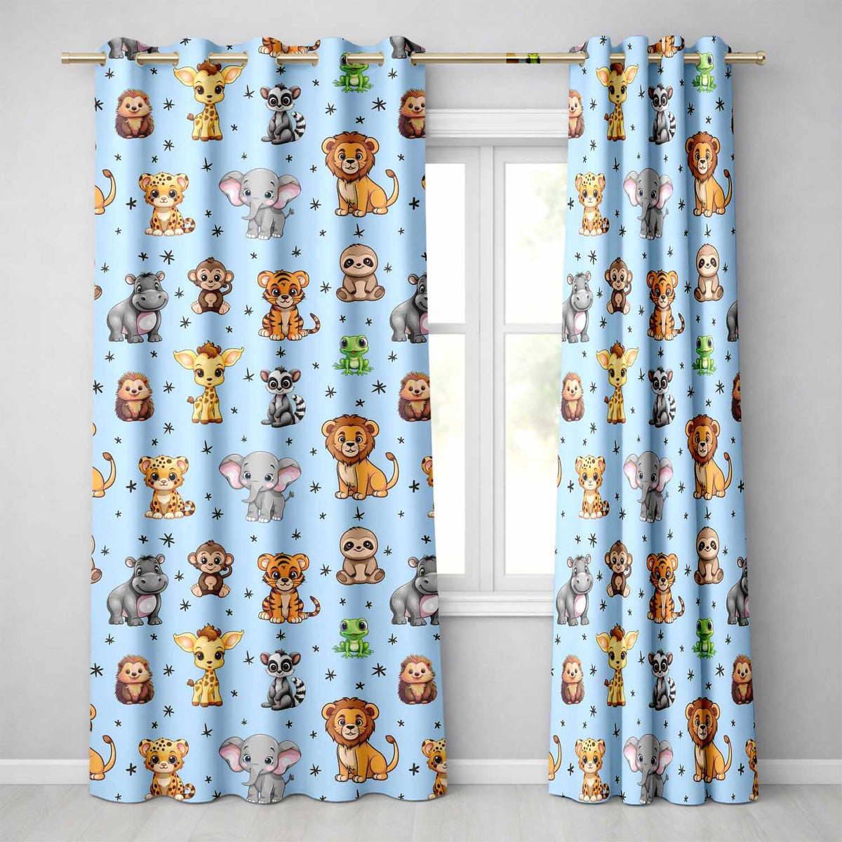 Cute Jungle Baby Animals Lion Tiger Elephant Giraffe Pattern Blue Background Readymade Eyelet Ring Top Thermal 100% Blackout Curtains