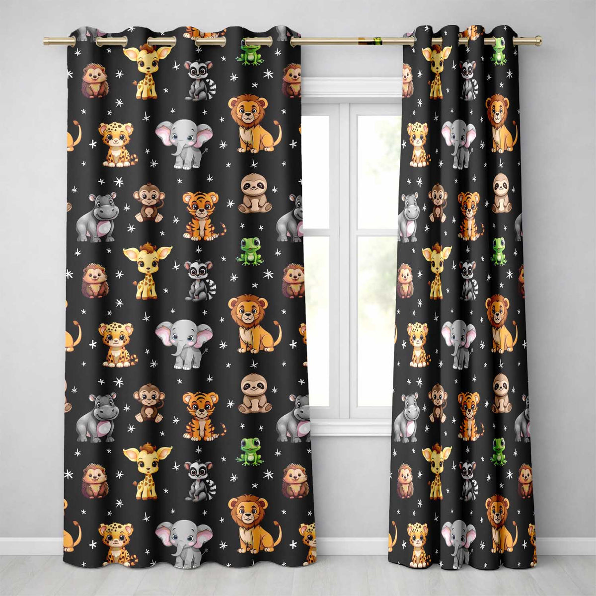 Cute Jungle Baby Animals Lion Tiger Elephant Giraffe Pattern Black Background Readymade Eyelet Ring Top Thermal 100% Blackout Curtains