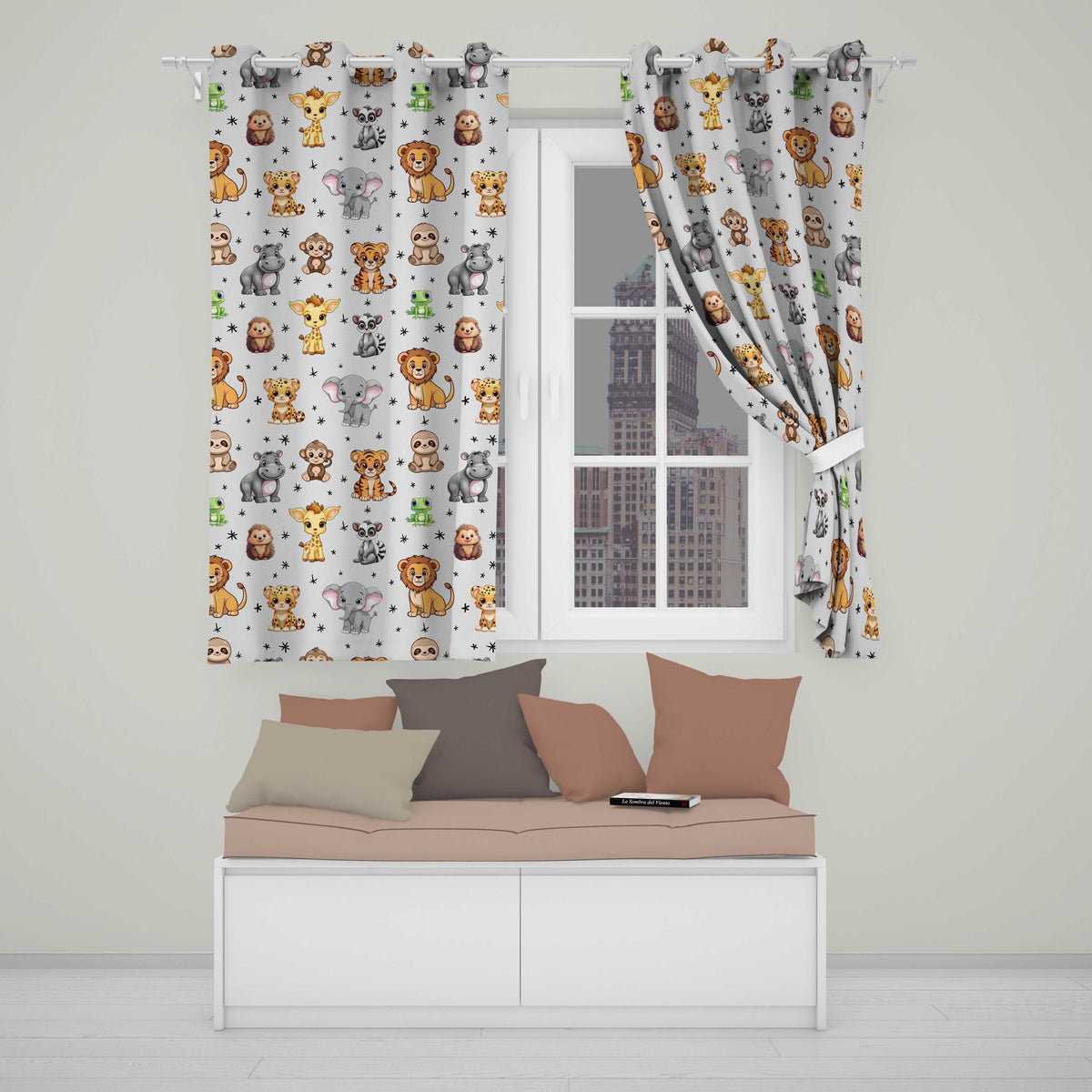 Cute Jungle Baby Animals Lion Tiger Elephant Giraffe Pattern Cream Background Readymade Eyelet Ring Top Thermal 100% Blackout Curtains