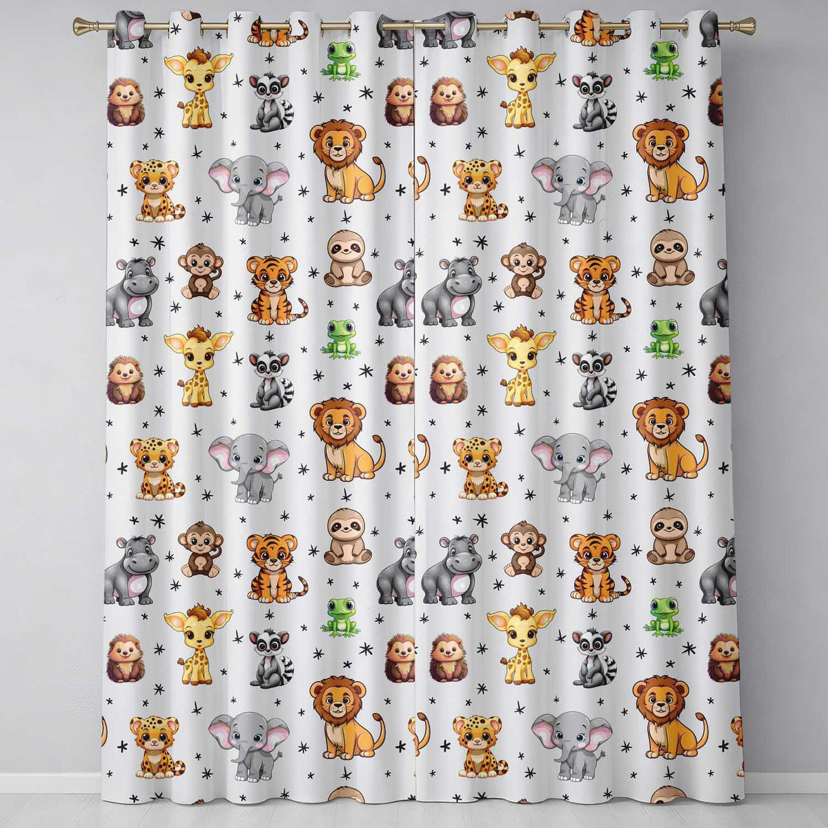 Cute Jungle Baby Animals Lion Tiger Elephant Giraffe Pattern Cream Background Readymade Eyelet Ring Top Thermal 100% Blackout Curtains