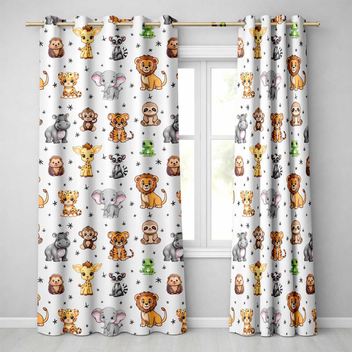 Cute Jungle Baby Animals Lion Tiger Elephant Giraffe Pattern Cream Background Readymade Eyelet Ring Top Thermal 100% Blackout Curtains
