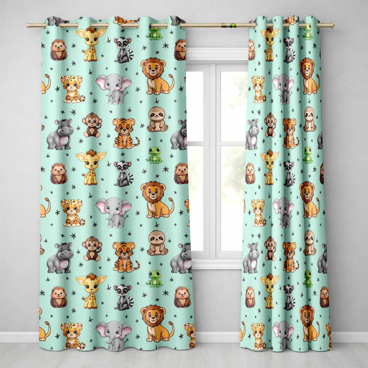 Cute Jungle Baby Animals Lion Tiger Elephant Giraffe Pattern Mint Background Readymade Eyelet Ring Top Thermal 100% Blackout Curtains