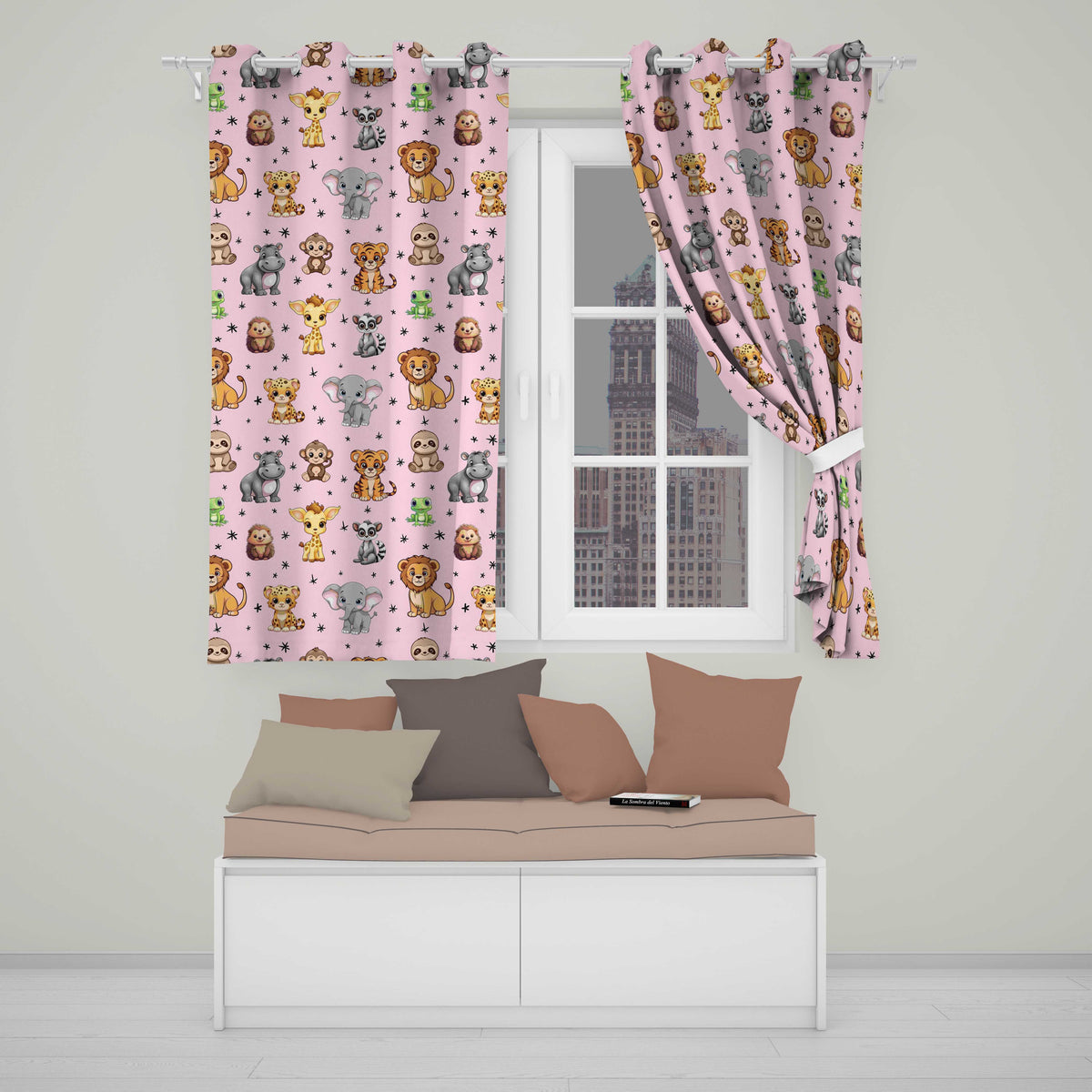 Cute Jungle Baby Animals Lion Tiger Elephant Giraffe Pattern Pink Background Readymade Eyelet Ring Top Thermal 100% Blackout Curtains
