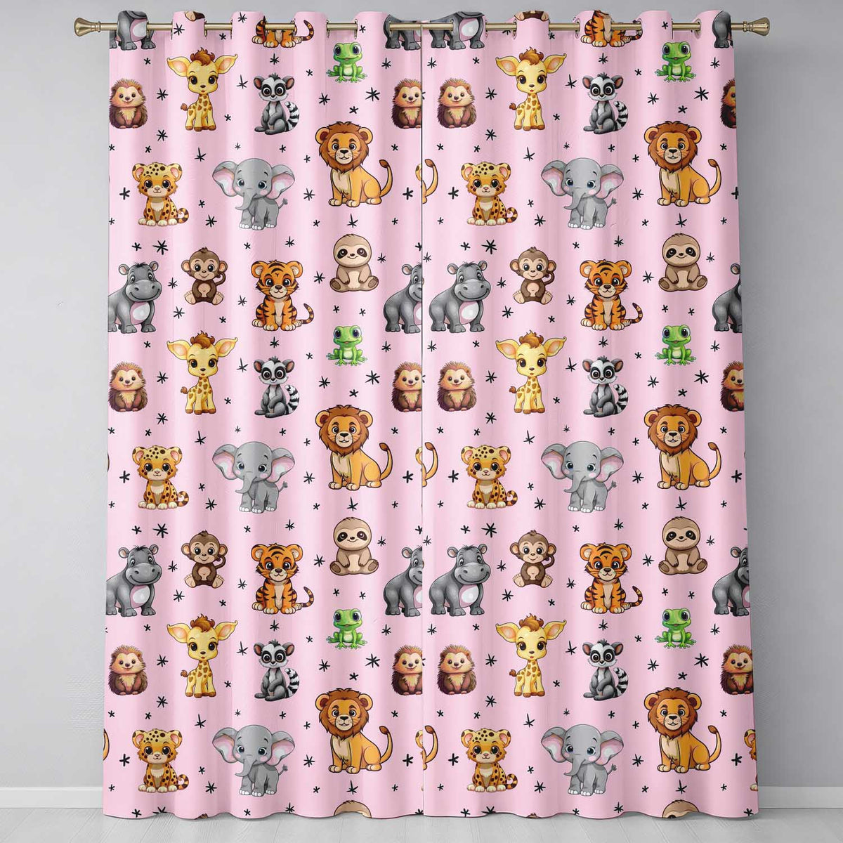 Cute Jungle Baby Animals Lion Tiger Elephant Giraffe Pattern Pink Background Readymade Eyelet Ring Top Thermal 100% Blackout Curtains