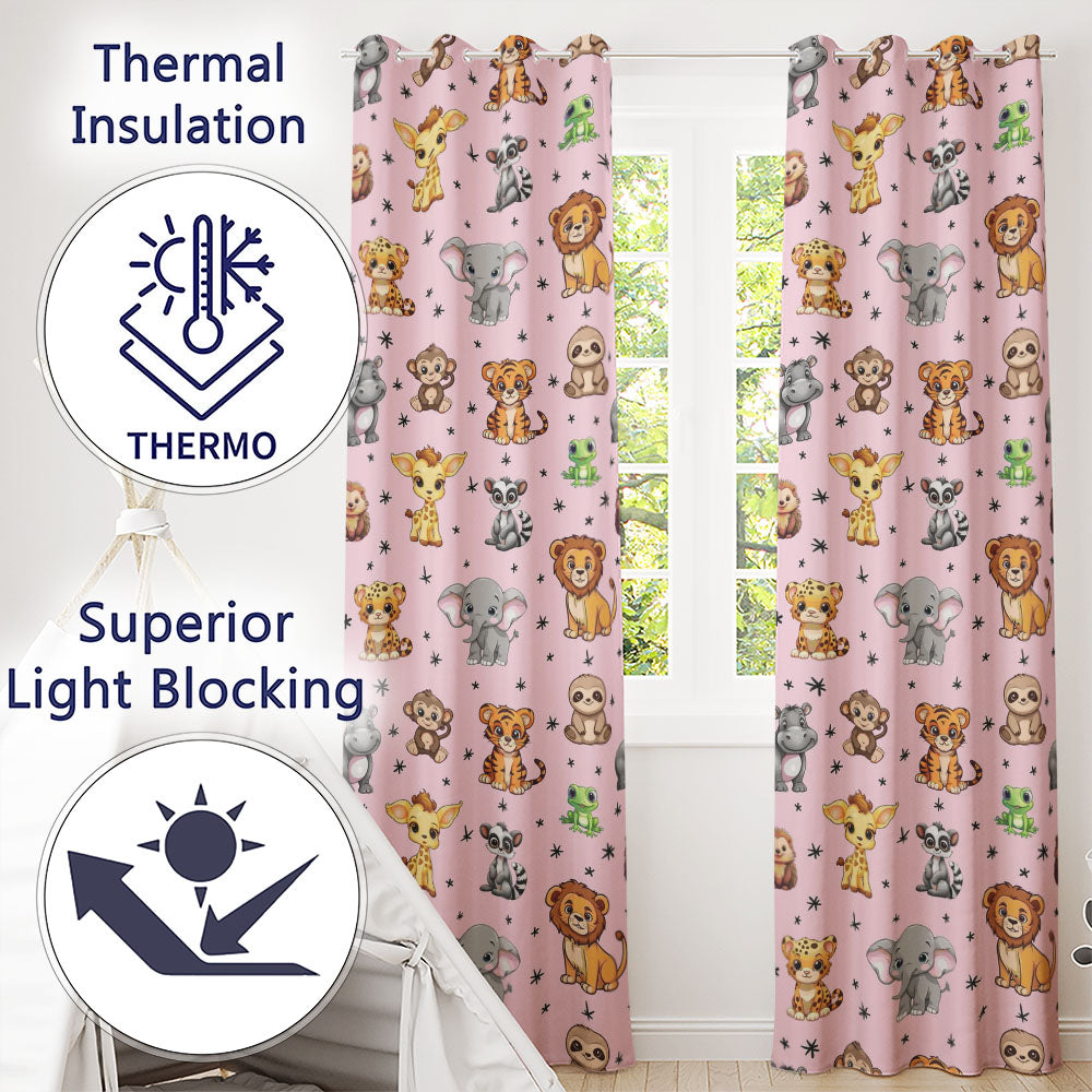 Cute Jungle Baby Animals Lion Tiger Elephant Giraffe Pattern Pink Background Readymade Eyelet Ring Top Thermal 100% Blackout Curtains