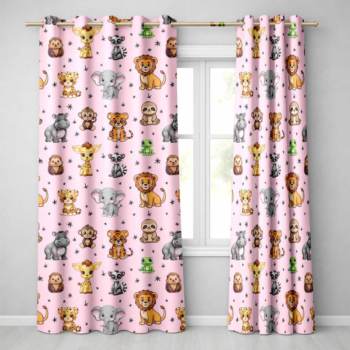 Cute Jungle Baby Animals Lion Tiger Elephant Giraffe Pattern Pink Background Readymade Eyelet Ring Top Thermal 100% Blackout Curtains
