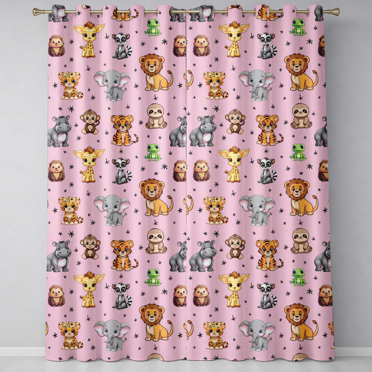Cute Jungle Baby Animals Lion Tiger Elephant Giraffe Pattern Pink Background Readymade Eyelet Ring Top Thermal 100% Blackout Curtains