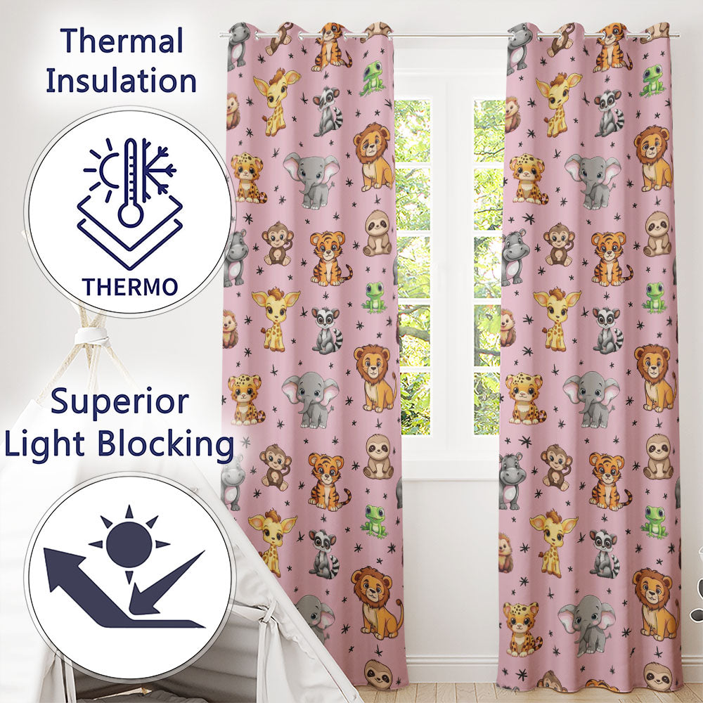 Cute Jungle Baby Animals Lion Tiger Elephant Giraffe Pattern Pink Background Readymade Eyelet Ring Top Thermal 100% Blackout Curtains
