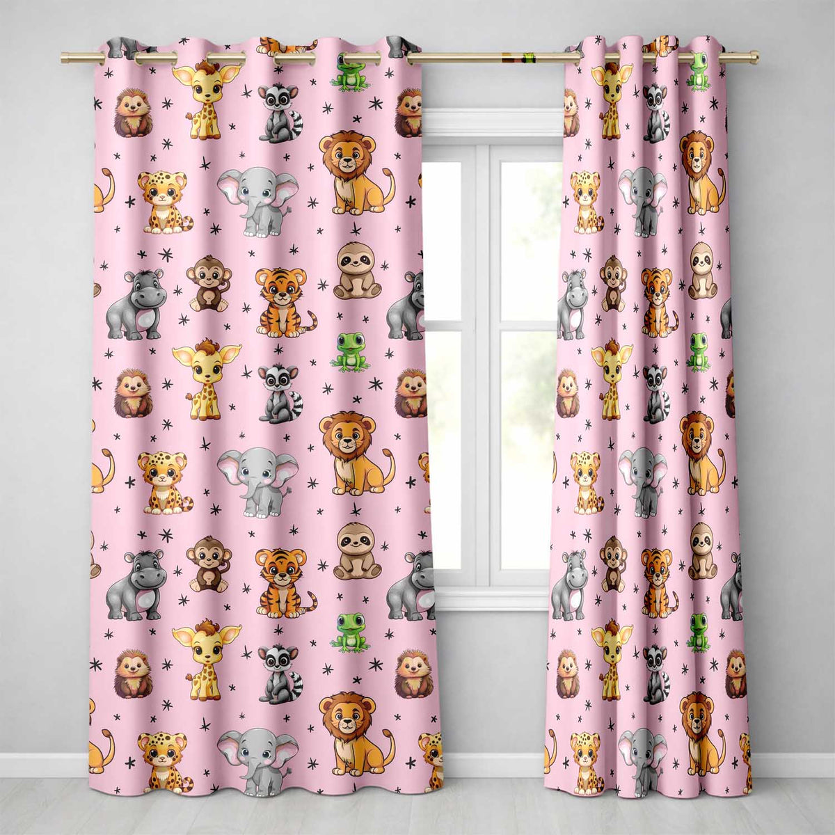 Cute Jungle Baby Animals Lion Tiger Elephant Giraffe Pattern Pink Background Readymade Eyelet Ring Top Thermal 100% Blackout Curtains