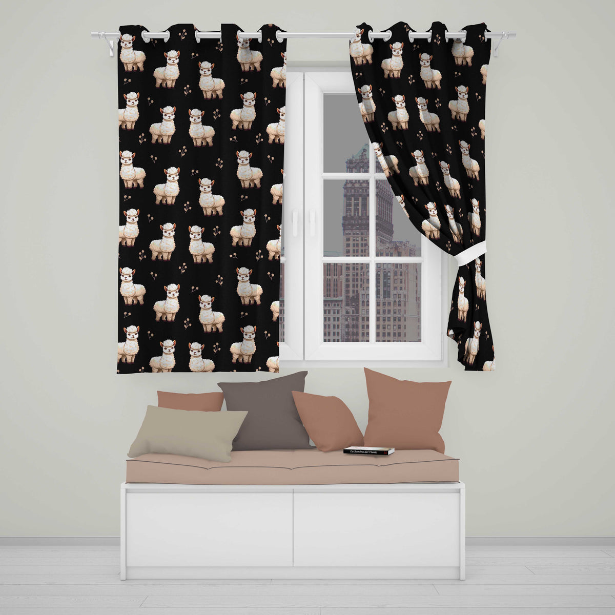 Cute Alpaca Llama Farm Animals Floral Seamless Pattern Black Background Readymade Eyelet Ring Top Thermal 100% Blackout Curtains
