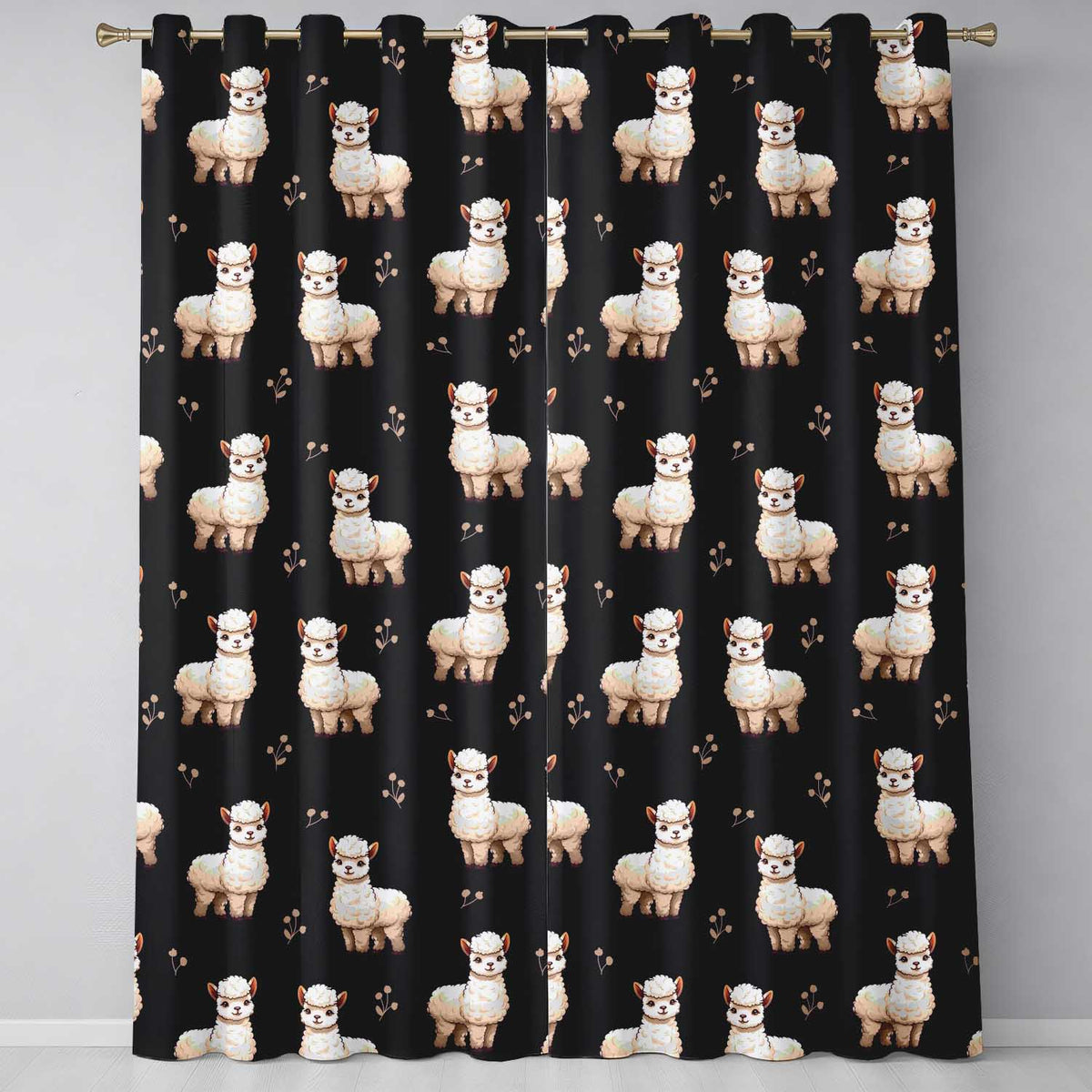 Cute Alpaca Llama Farm Animals Floral Seamless Pattern Black Background Readymade Eyelet Ring Top Thermal 100% Blackout Curtains