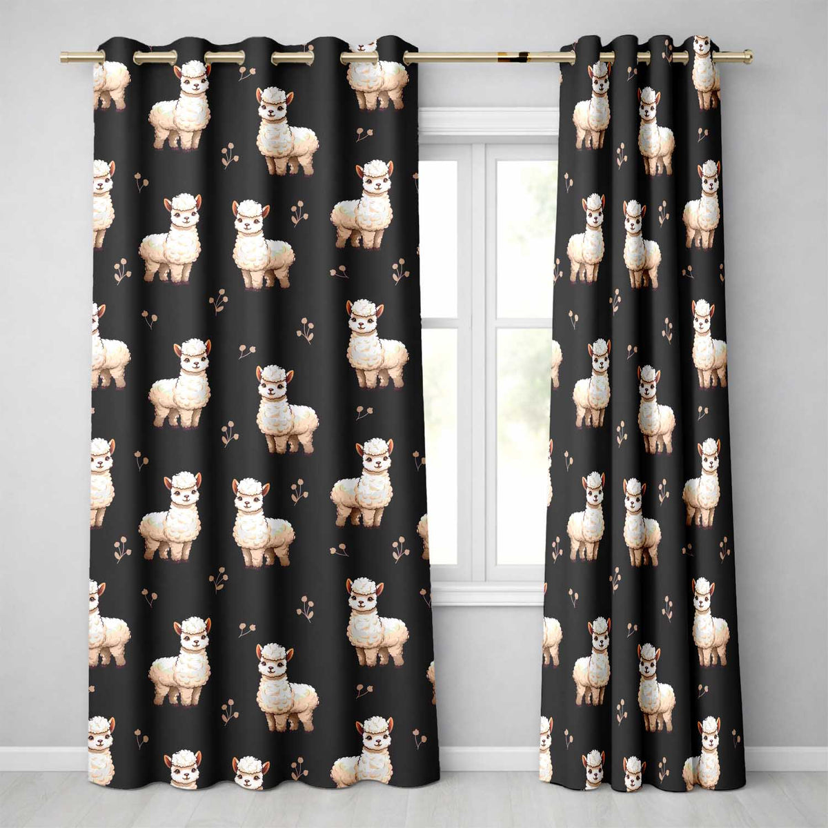 Cute Alpaca Llama Farm Animals Floral Seamless Pattern Black Background Readymade Eyelet Ring Top Thermal 100% Blackout Curtains