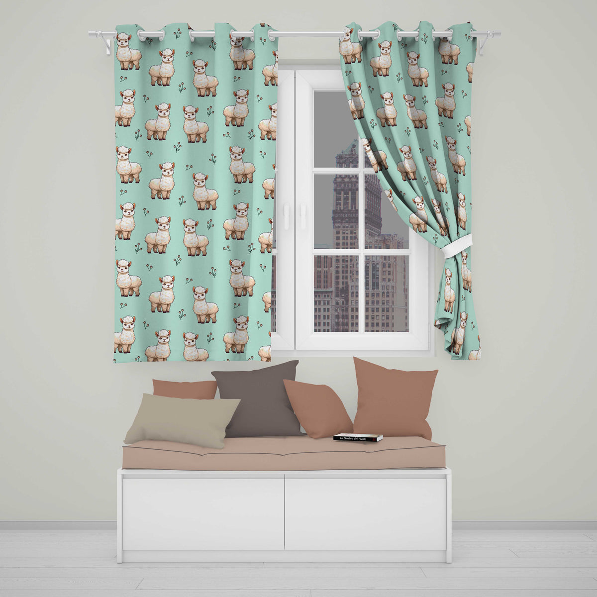 Cute Alpaca Llama Farm Animals Floral Seamless Pattern Mint Green Background Readymade Eyelet Ring Top Thermal 100% Blackout Curtains
