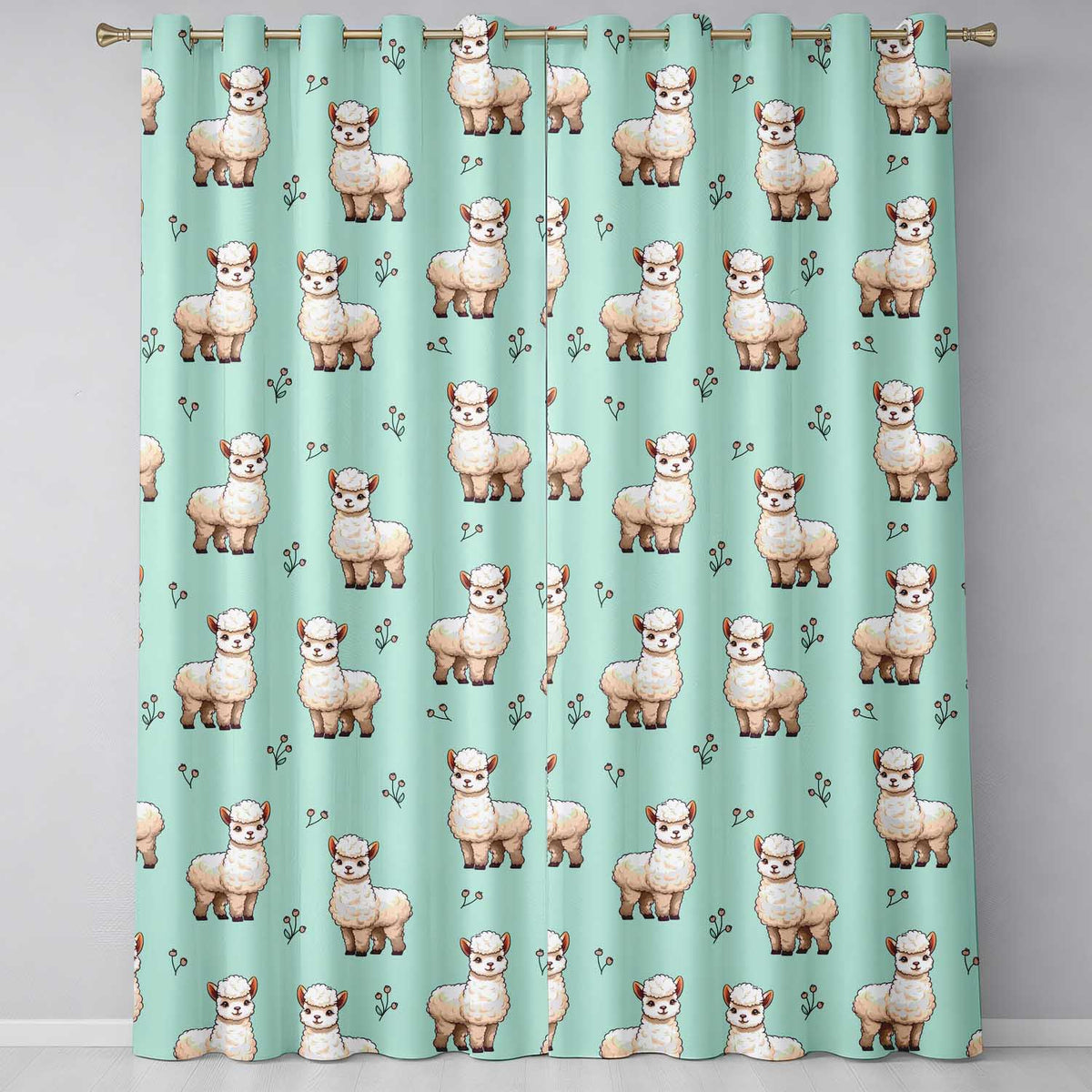 Cute Alpaca Llama Farm Animals Floral Seamless Pattern Mint Green Background Readymade Eyelet Ring Top Thermal 100% Blackout Curtains