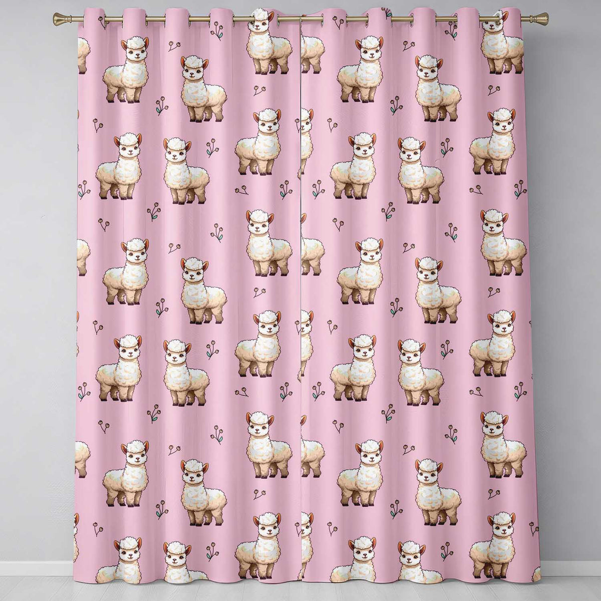 Cute Alpaca Llama Farm Animals Floral Seamless Pattern Soft Pink Background Readymade Eyelet Ring Top Thermal 100% Blackout Curtains