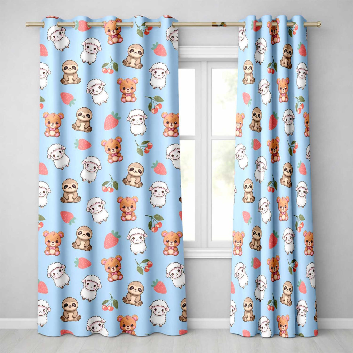 Cute Cute Baby Animals Bear Sheep Sloth Strawberry Cherry Blue Background Readymade Eyelet Ring Top Thermal 100% Blackout Curtains