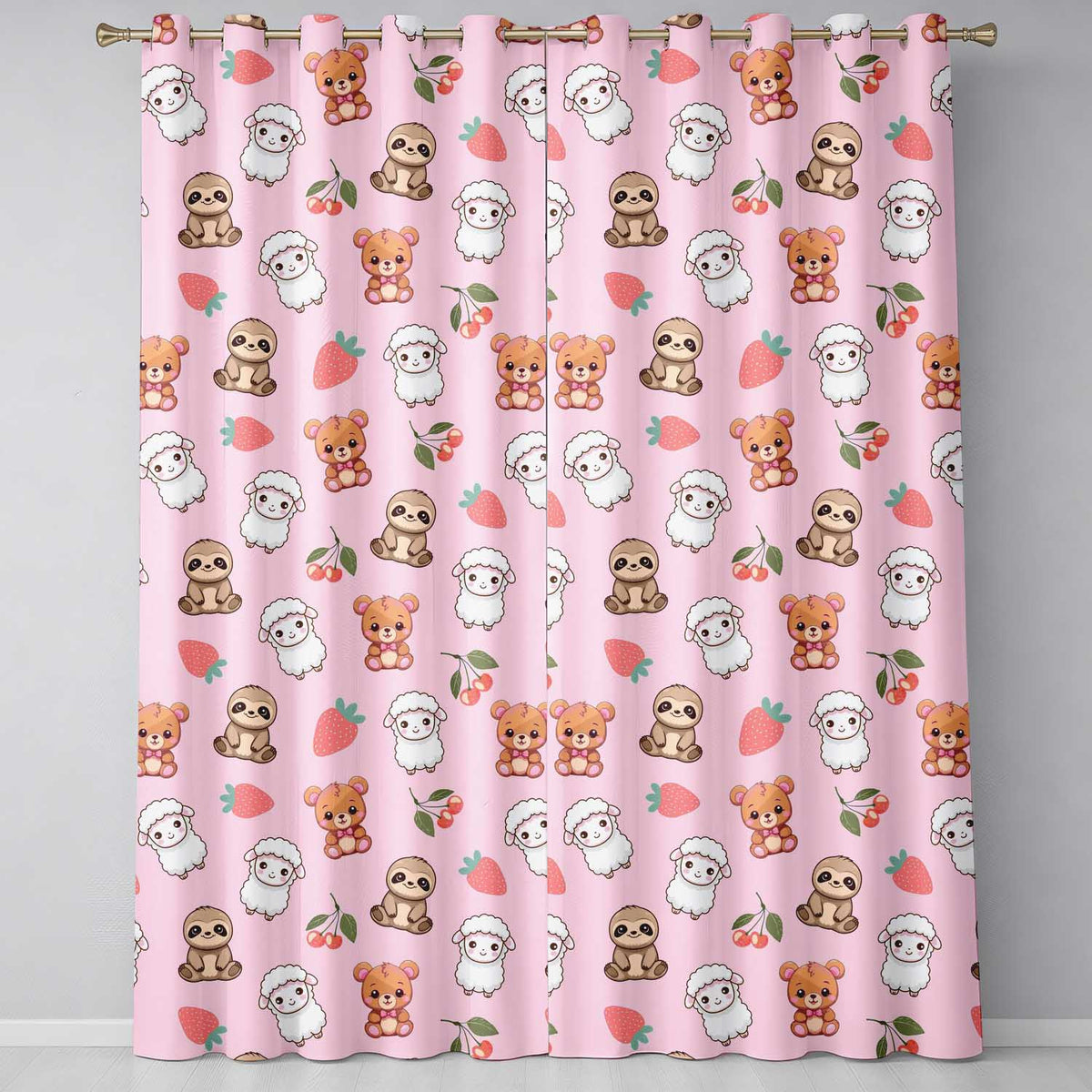 Cute Cute Baby Animals Bear Sheep Sloth Strawberry Cherry Pink Background Readymade Eyelet Ring Top Thermal 100% Blackout Curtains