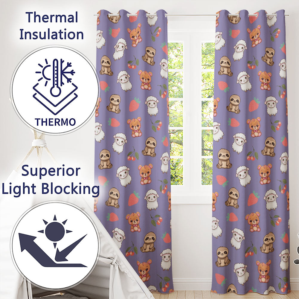 Cute Baby Animals Bear Sheep Sloth Strawberry Cherry Purple Background Pattern Readymade Eyelet Ring Top Thermal 100% Blackout Curtains
