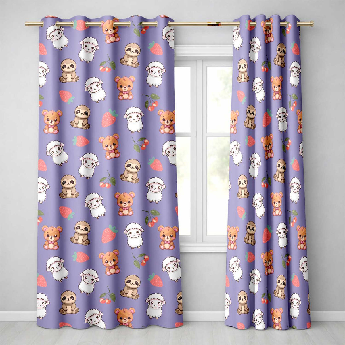 Cute Baby Animals Bear Sheep Sloth Strawberry Cherry Purple Background Pattern Readymade Eyelet Ring Top Thermal 100% Blackout Curtains