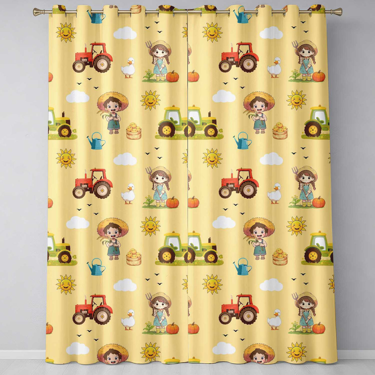 Cute Farm Tractor Duck Girl with Clouds Beige Background Seamless Pattern Readymade Eyelet Ring Top Thermal 100% Blackout Curtains