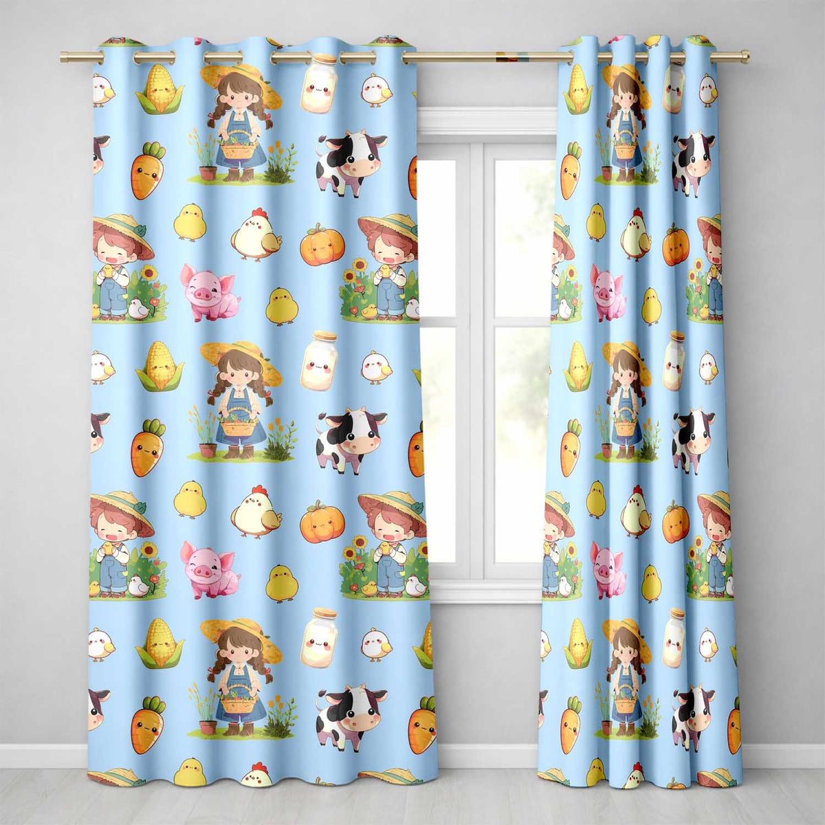 Cute Farm Animals Girl Pig Cow Chicken Blue Background Seamless Pattern Readymade Eyelet Ring Top Thermal 100% Blackout Curtains