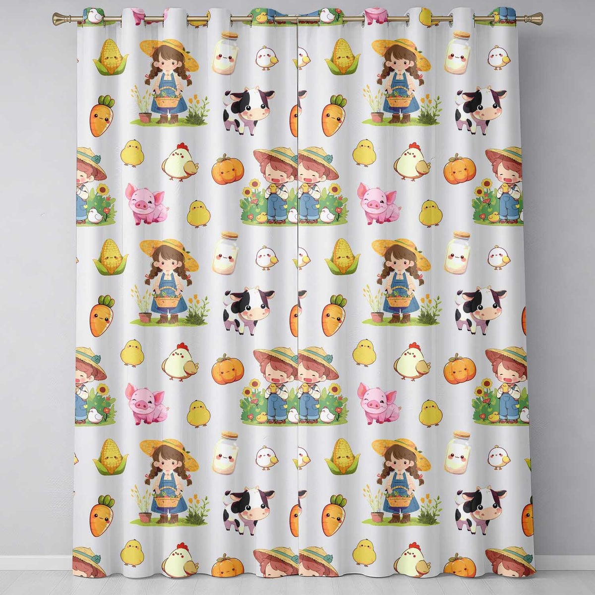 Cute Farm Animals Girl Pig Cow Chicken Cream Background Seamless Pattern Readymade Eyelet Ring Top Thermal 100% Blackout Curtains