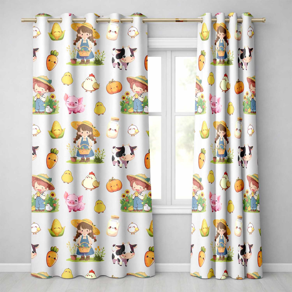Cute Farm Animals Girl Pig Cow Chicken Cream Background Seamless Pattern Readymade Eyelet Ring Top Thermal 100% Blackout Curtains