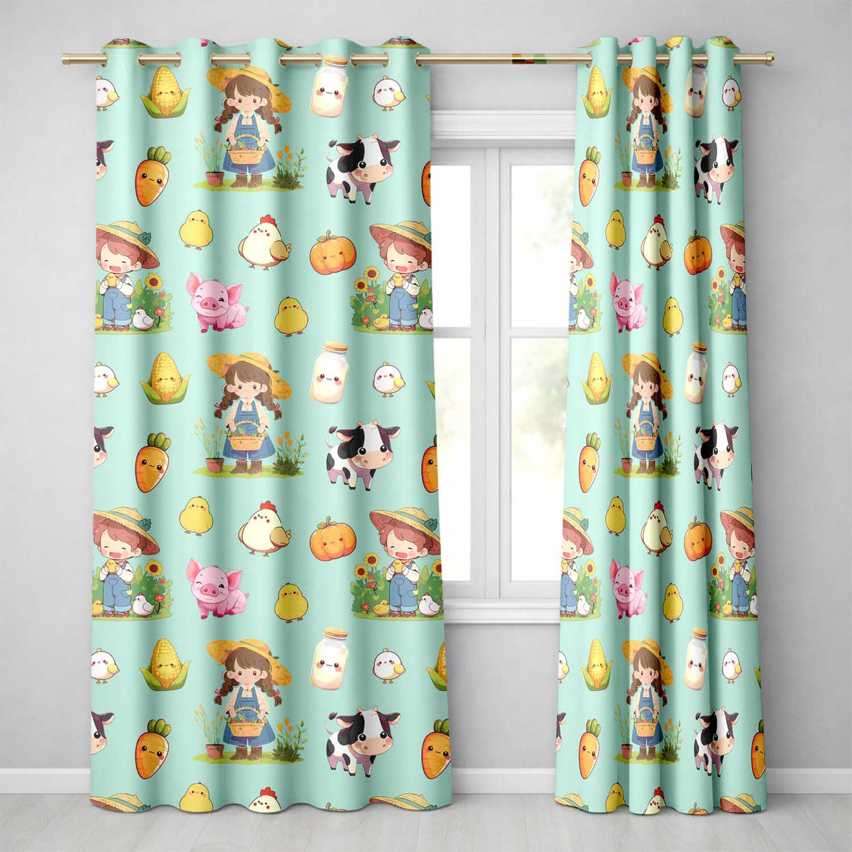 Cute Farm Animals Girl Pig Cow Chicken Mint Green Background Seamless Pattern Readymade Eyelet Ring Top Thermal 100% Blackout Curtains