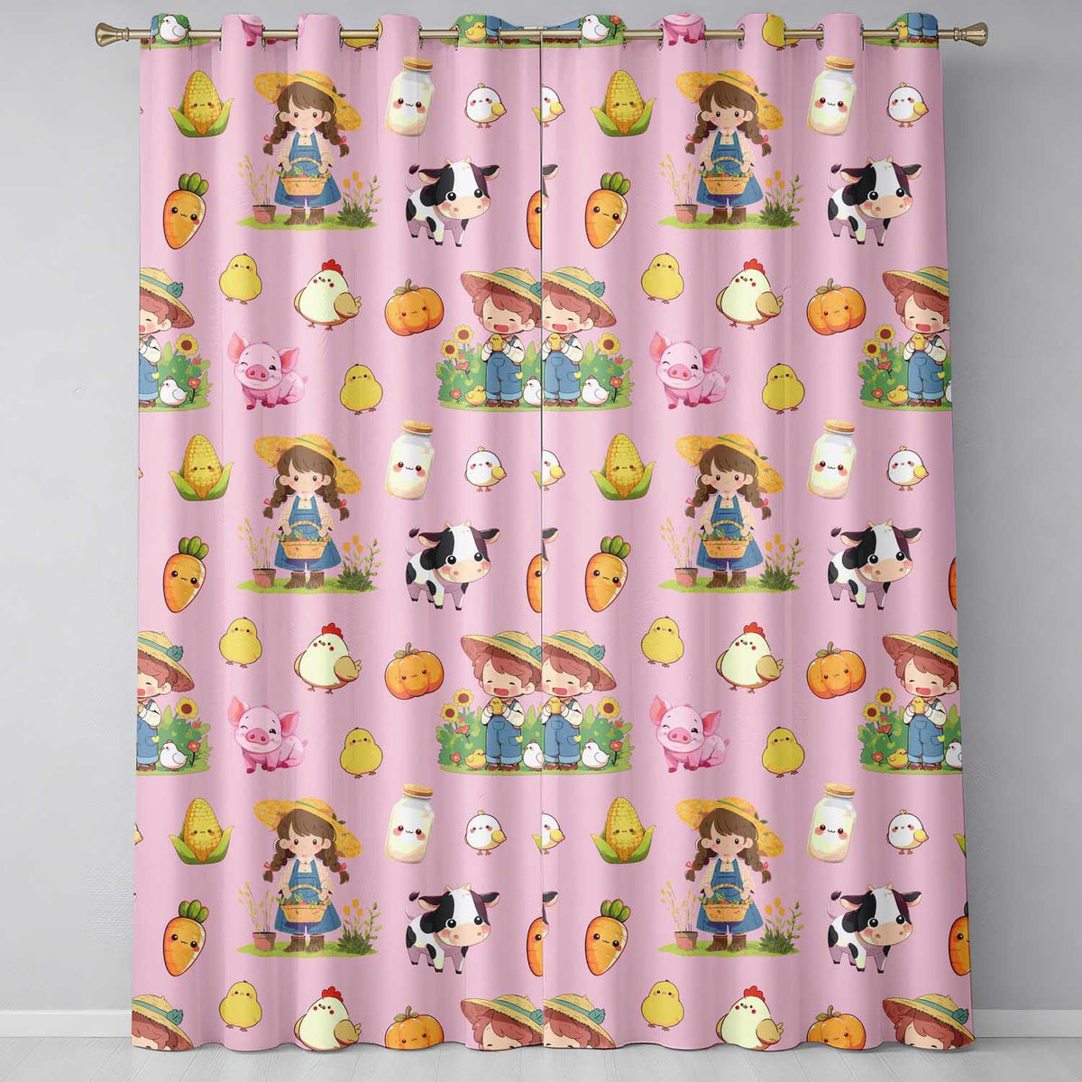 Cute Farm Animals Girl Pig Cow Chicken Soft Pink Background Seamless Pattern Readymade Eyelet Ring Top Thermal 100% Blackout Curtains