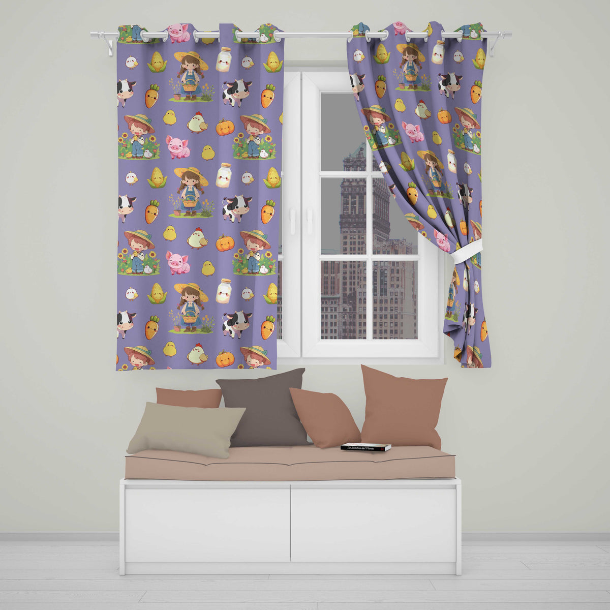 Cute Farm Girl Pig Cow Chicken Corn Milk Purple Background Seamless Pattern Readymade Eyelet Ring Top Thermal 100% Blackout Curtains