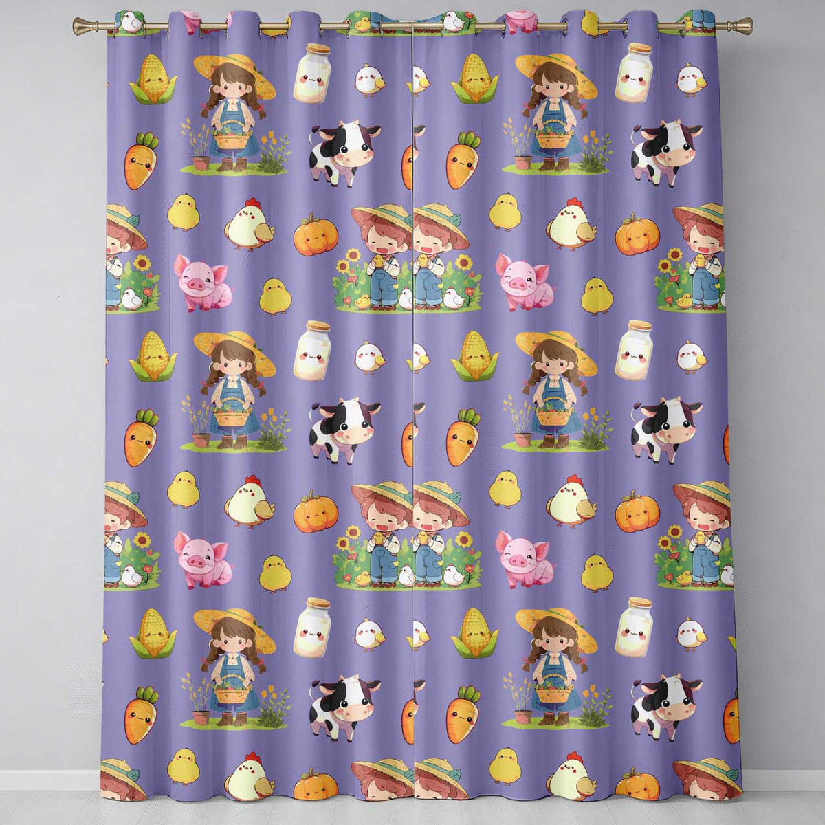 Cute Farm Girl Pig Cow Chicken Corn Milk Purple Background Seamless Pattern Readymade Eyelet Ring Top Thermal 100% Blackout Curtains