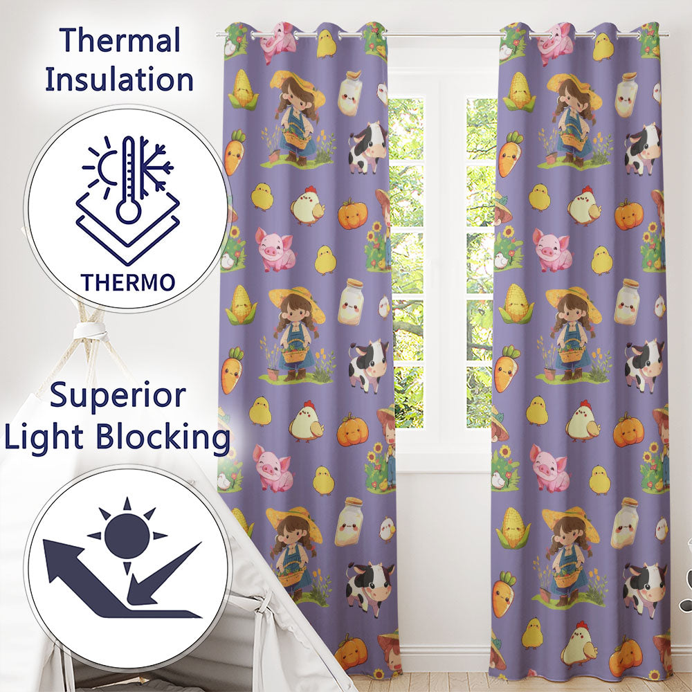 Cute Farm Girl Pig Cow Chicken Corn Milk Purple Background Seamless Pattern Readymade Eyelet Ring Top Thermal 100% Blackout Curtains