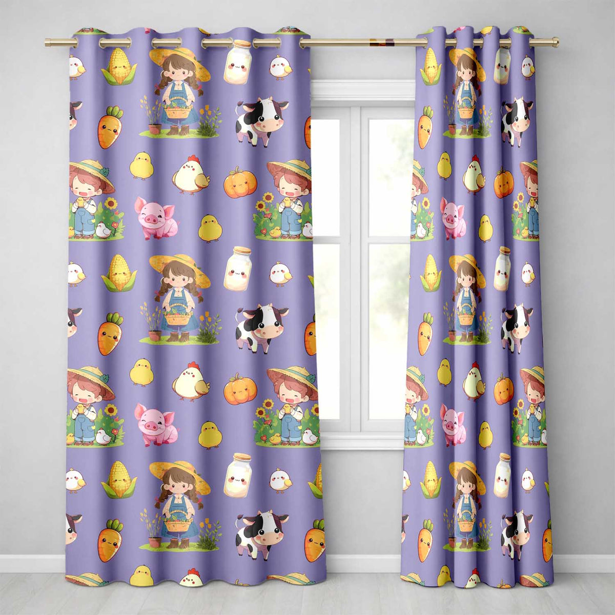 Cute Farm Girl Pig Cow Chicken Corn Milk Purple Background Seamless Pattern Readymade Eyelet Ring Top Thermal 100% Blackout Curtains