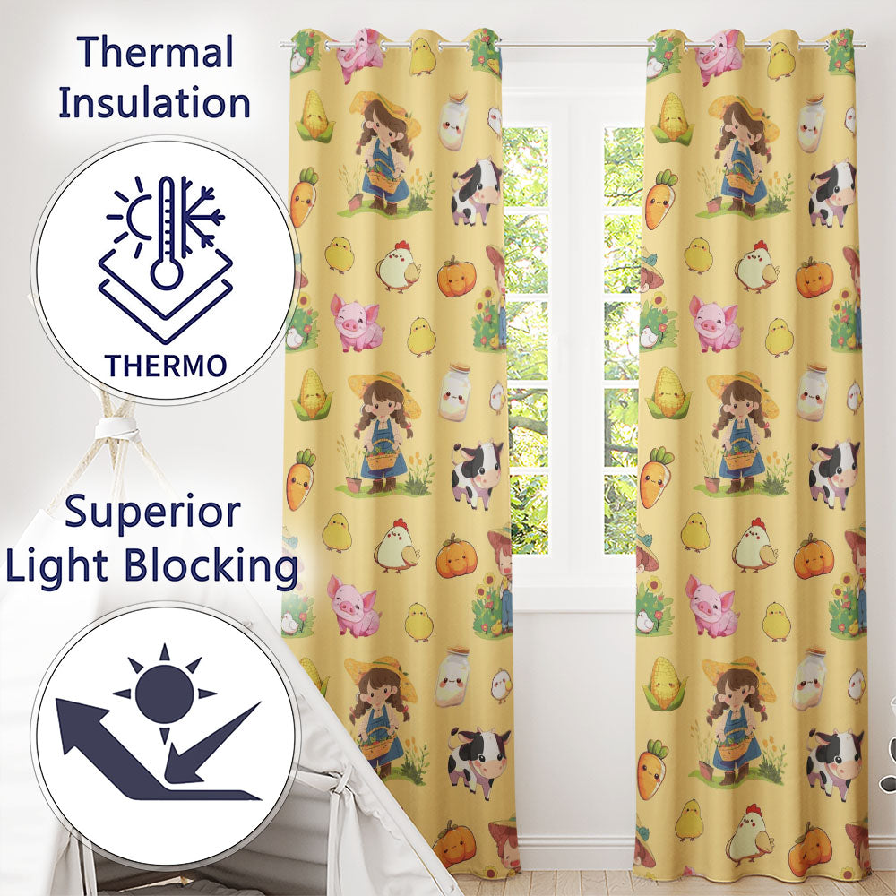 Cute Farm Girl Pig Cow Chicken Corn Milk Yellow Background Seamless Pattern Readymade Eyelet Ring Top Thermal 100% Blackout Curtains