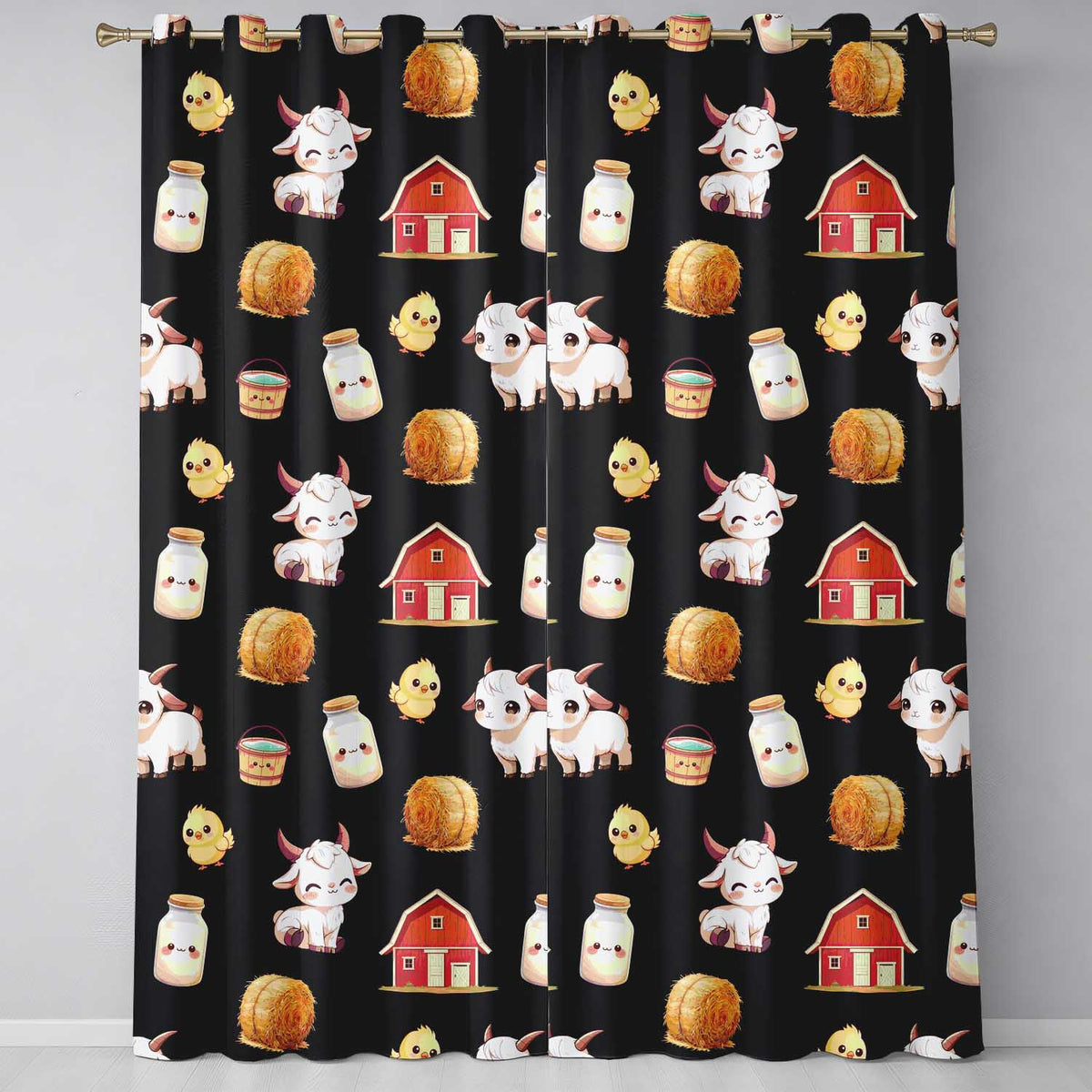 Cute Farm Goat Barn Hay Bale Chick Black Background Seamless Pattern Readymade Eyelet Ring Top Thermal 100% Blackout Curtains