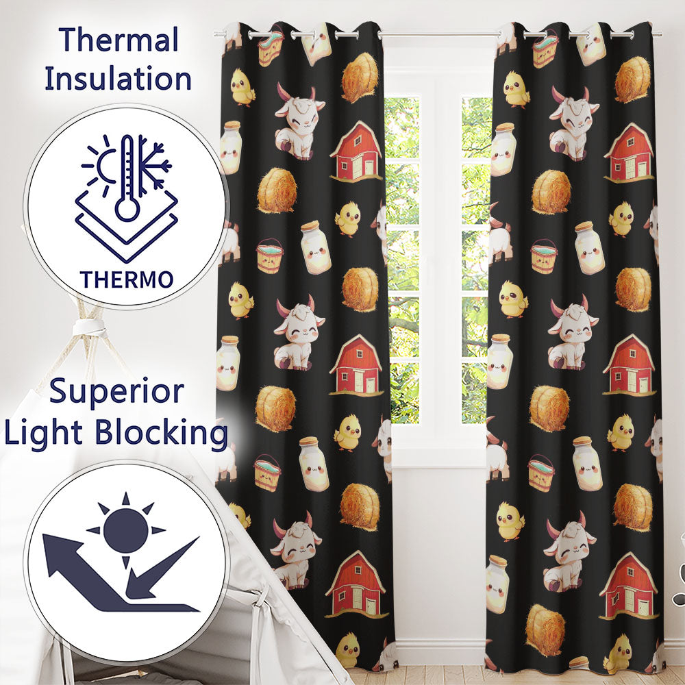 Cute Farm Goat Barn Hay Bale Chick Black Background Seamless Pattern Readymade Eyelet Ring Top Thermal 100% Blackout Curtains