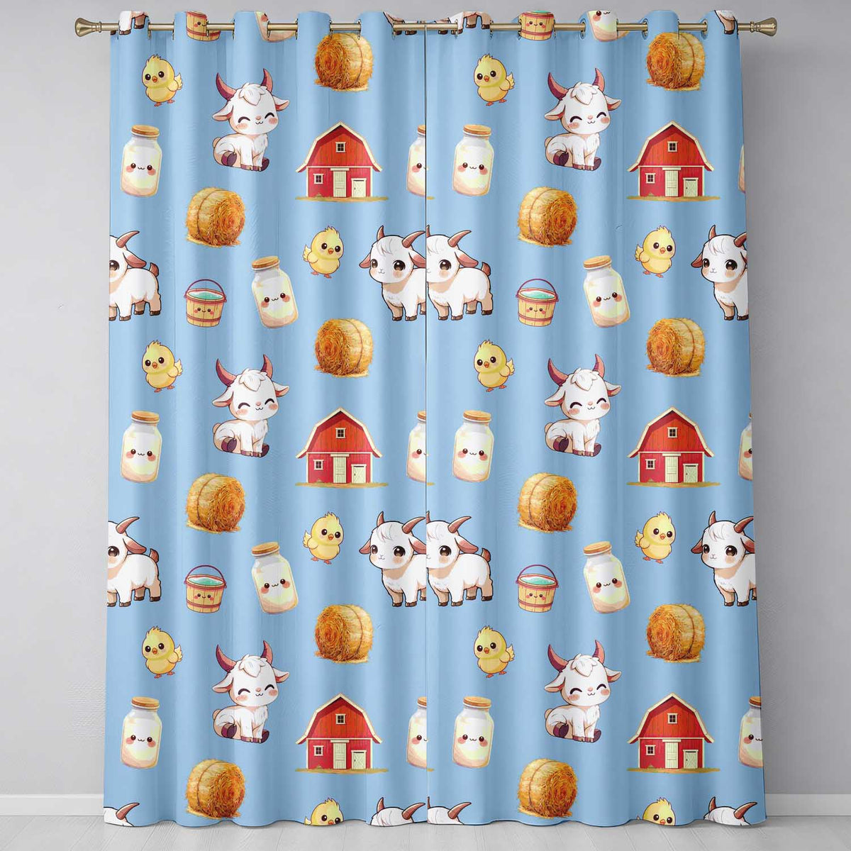 Cute Farm Goat Barn Hay Bale Chick Sky Blue Background Seamless Pattern Readymade Eyelet Ring Top Thermal 100% Blackout Curtains