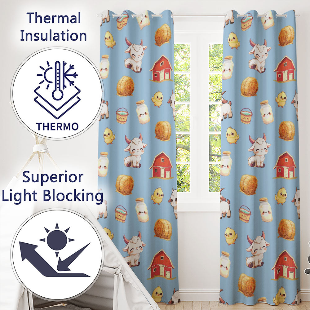 Cute Farm Goat Barn Hay Bale Chick Sky Blue Background Seamless Pattern Readymade Eyelet Ring Top Thermal 100% Blackout Curtains