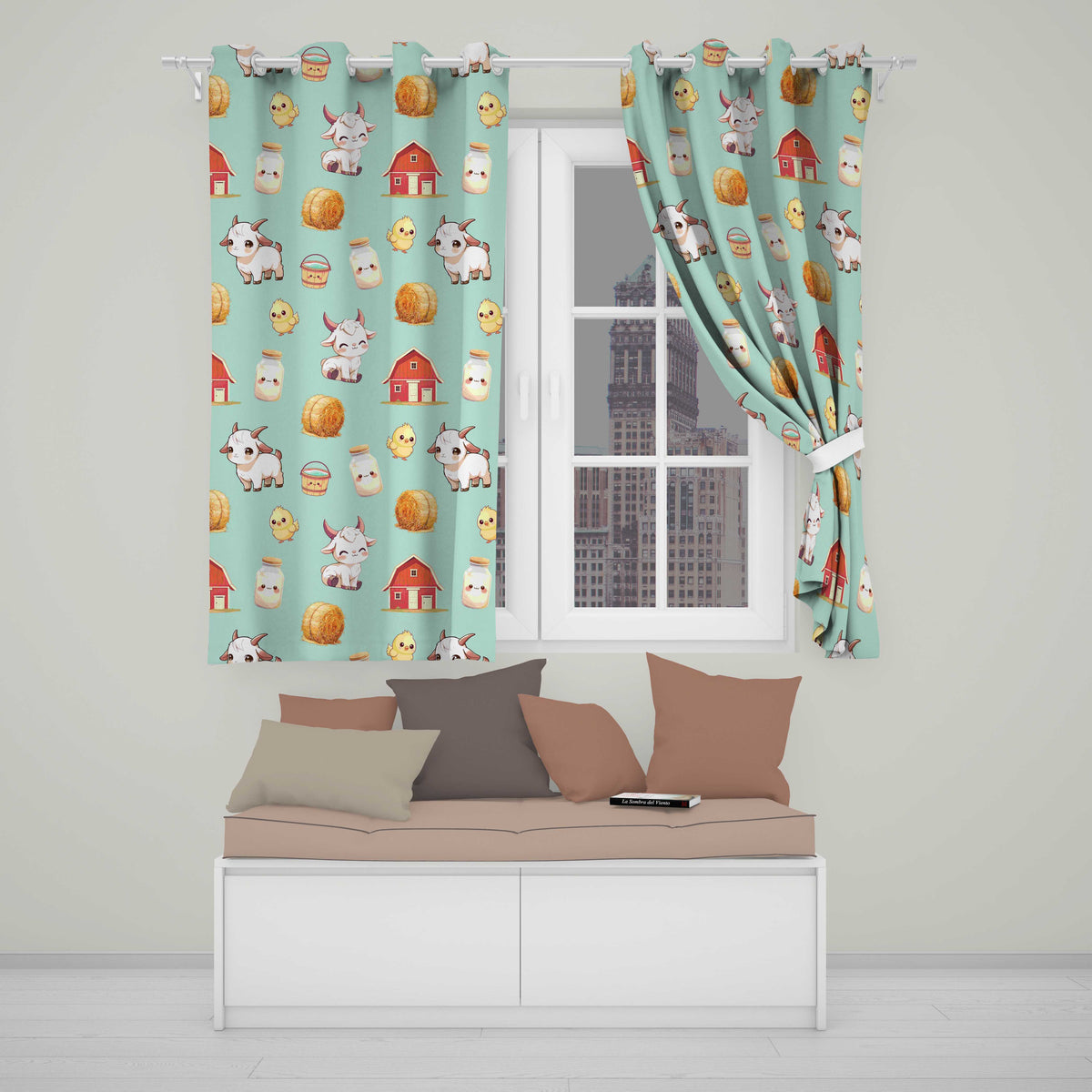 Cute Farm Goat Barn Hay Bale Chick Milk Bucket Teal Background Seamless Pattern Readymade Eyelet Ring Top Thermal 100% Blackout Curtains