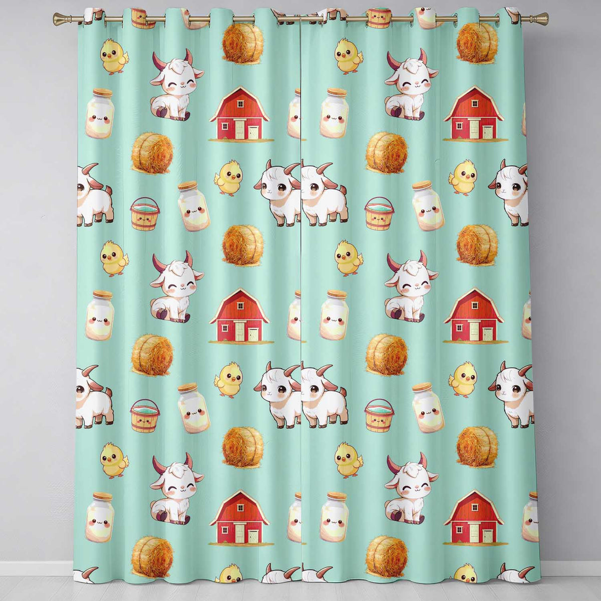 Cute Farm Goat Barn Hay Bale Chick Milk Bucket Teal Background Seamless Pattern Readymade Eyelet Ring Top Thermal 100% Blackout Curtains