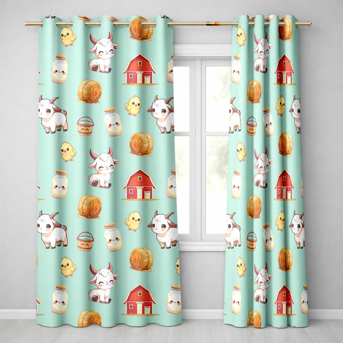 Cute Farm Goat Barn Hay Bale Chick Milk Bucket Teal Background Seamless Pattern Readymade Eyelet Ring Top Thermal 100% Blackout Curtains