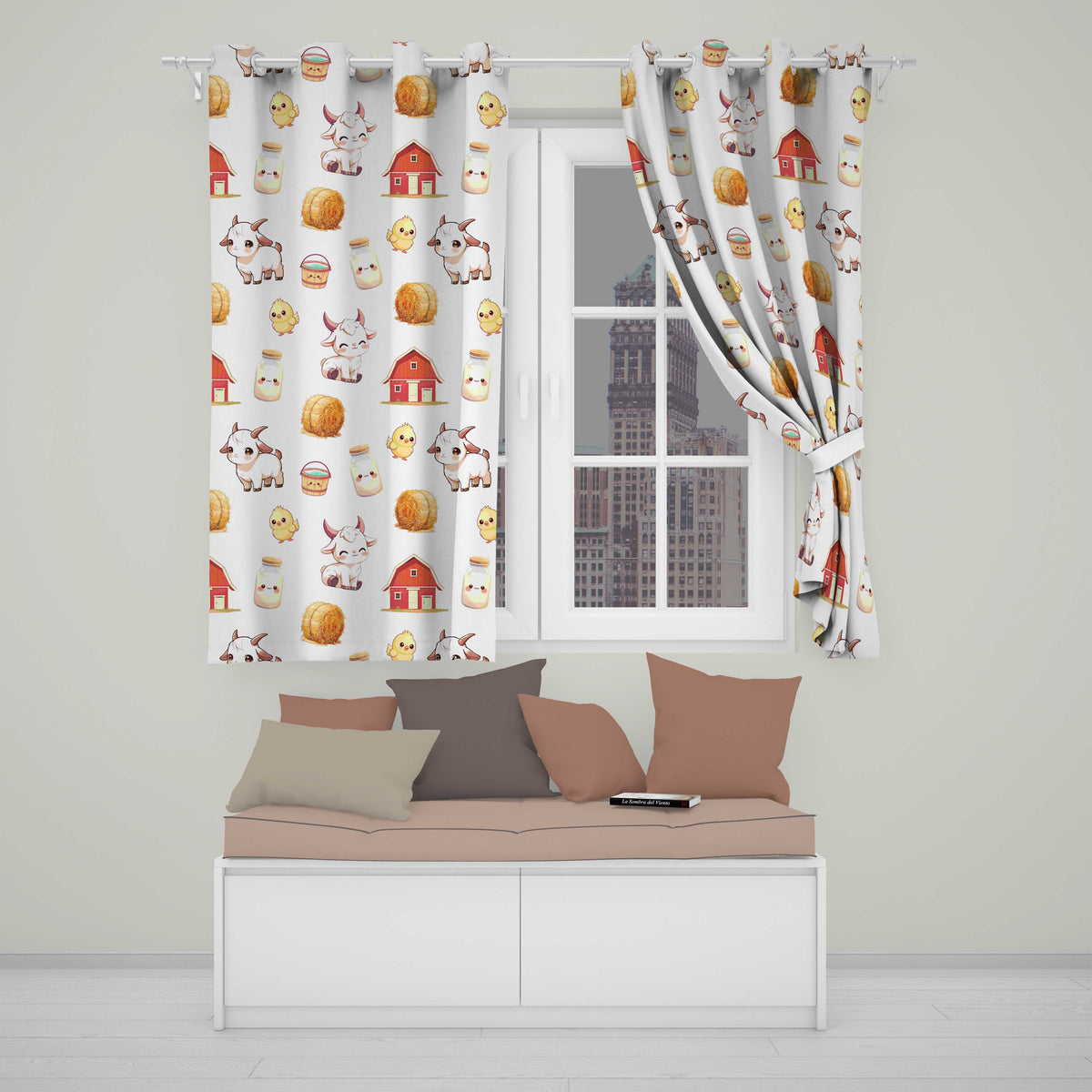 Cute Farm Goat Barn Hay Bale Chick Milk Bucket Grey Background Seamless Pattern Readymade Eyelet Ring Top Thermal 100% Blackout Curtains